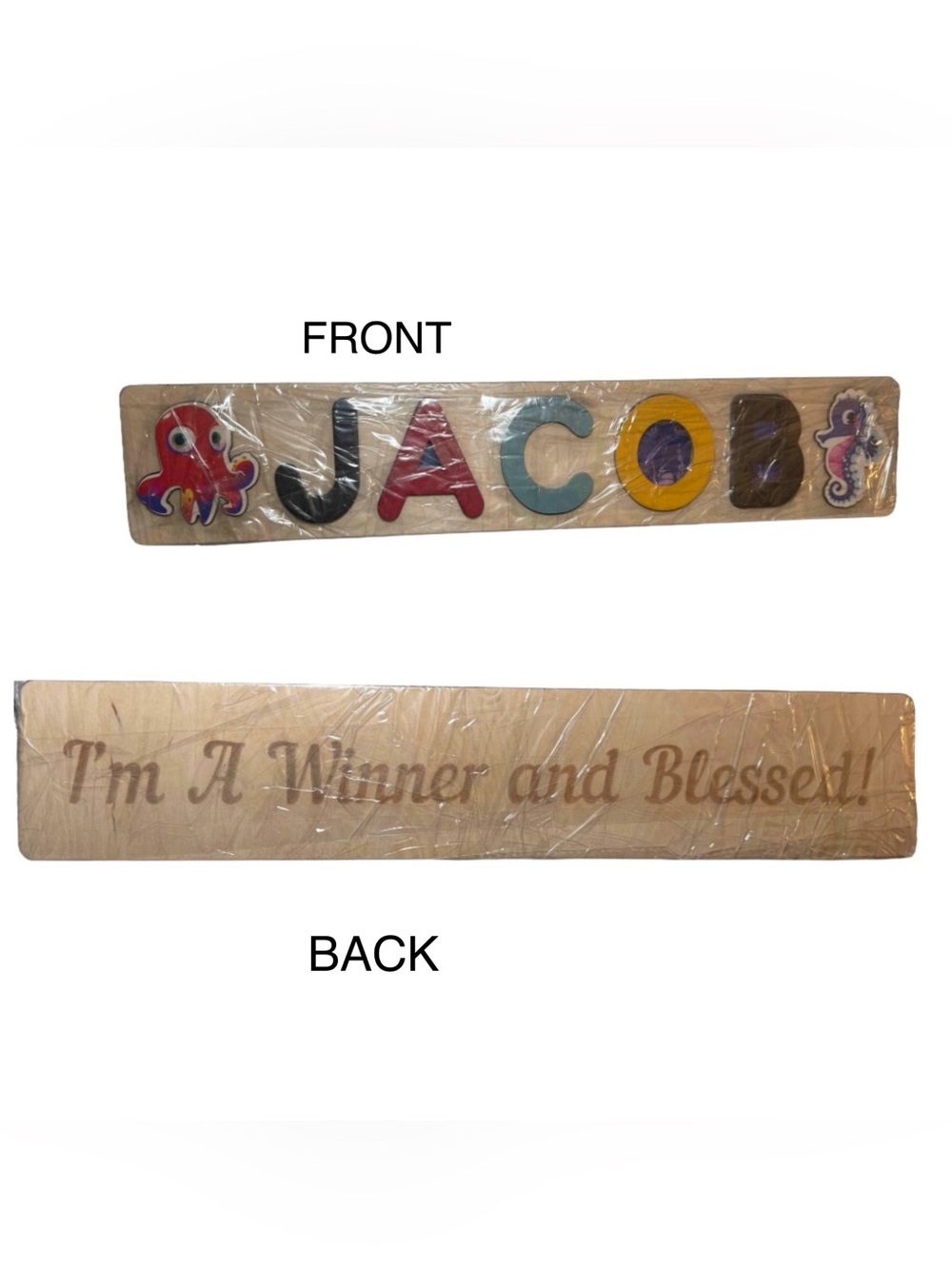Personalized Double sided Wooden Name Puzzle "JACOB" - Engraved Back Ocean Theme - Picture 2 of 6